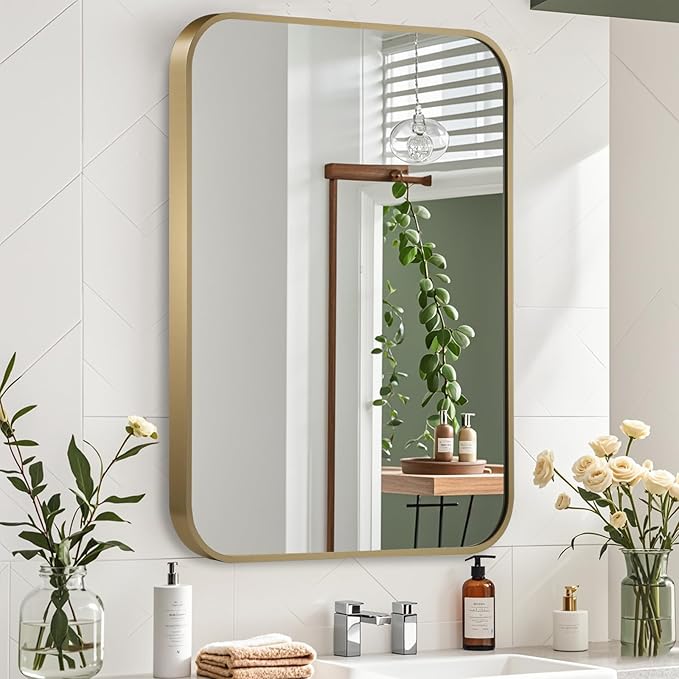 Gold Mirror, 26x38 Inch Framed Rectangle Mirror with Rounded Corner, Brushed Brass Mirror, Gold Bathroom Mirror for Over Sink, Vanity, Living Room, Bedroom, Horizontal/Vertical