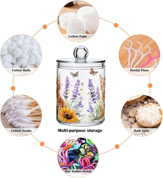2 Pack Qtip Holder Dispenser for Cotton Ball Lavender Cat Sunflower Swab Round Pads Clear Plastic Acrylic Jar Set Bathroom Canister