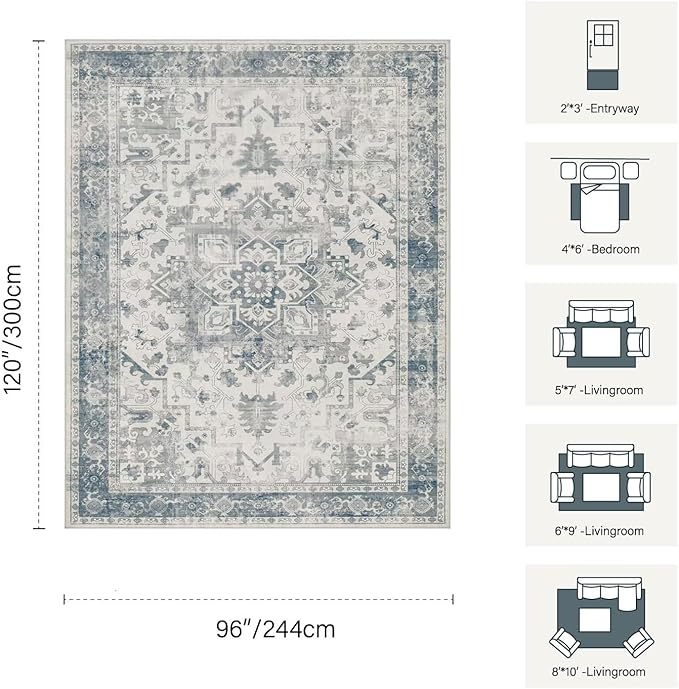 Rugxara 8x10 Washable Area Rug for Living Room, Extra Large Neutral Vintage Boho Rugs for Office, Kids Room, Farmhouse, Durable Low Pile Non Slip Carpet for High Traffic Areas, Light Blue Grey