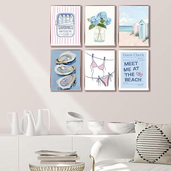 Zuowclli 6Pcs Preppy Coastal Wall Art Prints Pink Blue Coastal Granddaughter Wall Decor Pictures Summer Bikini Oysters Hydrangeas Beachy Aesthetic Posters for Girly Bedroom Dorm Apartment 8x10in