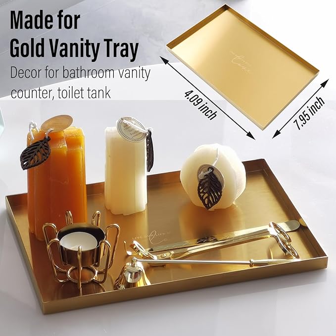 FREELOVE Gold Tray for Bathroom Vanity Brass Decor, Small Candle Holder, Rectangle Soap Dish, Brushed Square Plate, Coffee Table Toilet Back Modern Antique, 8''X12''