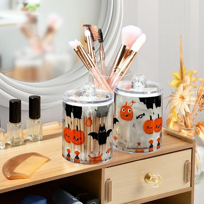2 Pack Apothecary Jars Halloween Black Bats Bathroom Vanity Storage Organizer Set,Small Clear Plastic Storage Jars Bathroom Canister for Cotton Swabs, Rounds, Balls, Qtips,Makeup Sponges, Floss