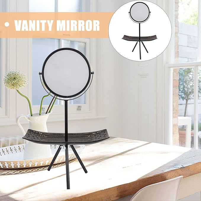 NOLITOY Rotating Makeup Mirror with Organizer Tray Black Rectangle Desk Vanity Mirror for Bedroom Vanity Desk Makeup Station