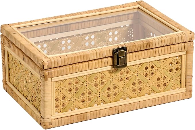 Decorative Rattan Box with Clear Glass Lid Wooden Frame Handmade Boho Natural Wicker Basket Woven Cane Bin Keepsake Memory Jewelry Organizer Rectangular Desk Shelf Closet Container (Large)