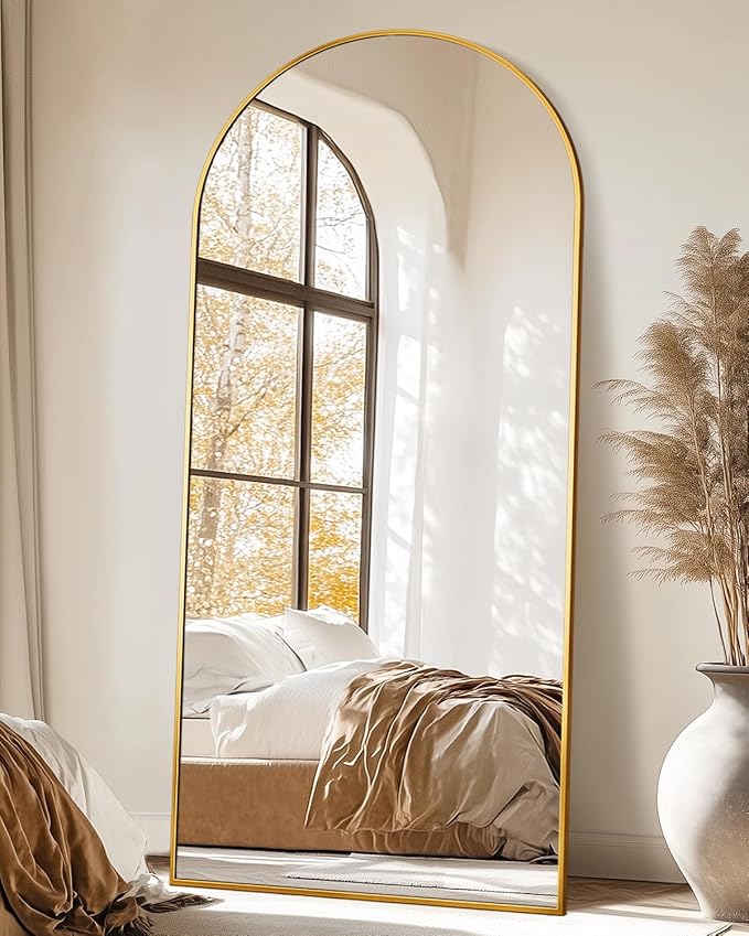 Suidia 71"x32" Arched Full Length Mirror with Stand, Full Body Mirror with Aluminum Frame, Freestanding/Leaning/Wall-Mounted, Floor Mirrors for Bedroom, Living Room, Entryway, Dressing Room, Gold