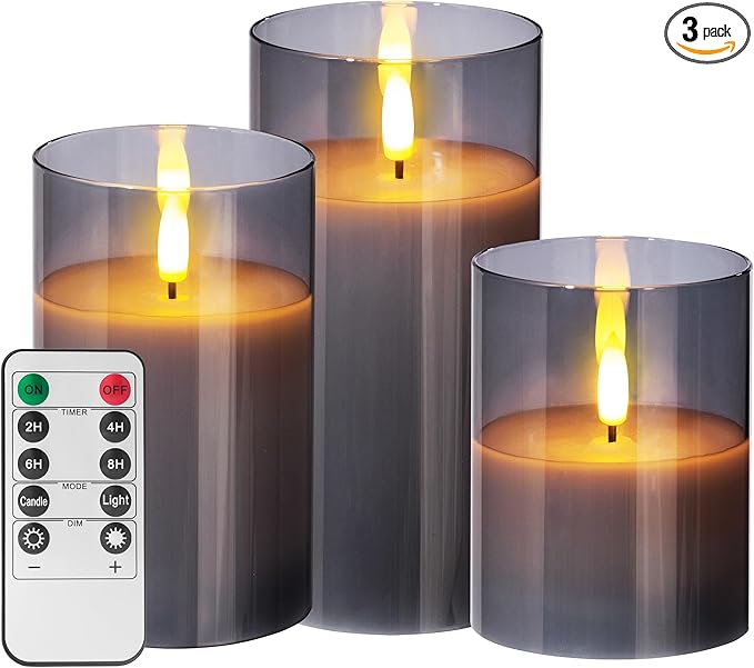 Stmarry Glass Flameless Candles with Remote and Timer, Flickering Real Wax LED Pillar Candles Battery Operated with 3D Flickering Flame - 3" x 4",5",6" - Set of 3 (Gray)