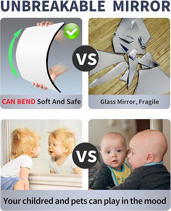 Unbreakable Door Mirror Full Length, Full Body Mirror for Kids, 4Pack 12 x12 inch, Shatterproof Plexiglass Long Mirrors for Bedroom Closet, Children Plastic Mirrors Non Glass Stick on miroir