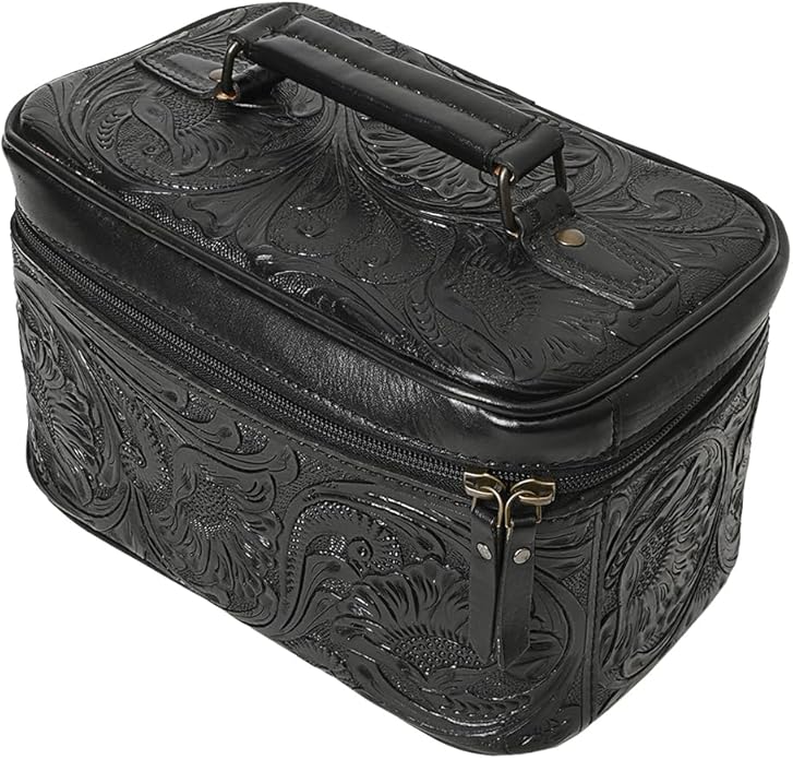 American Darling Western Hand Tooled Leather Jewelry Case | Handcrafted Travel Makeup Bag with Handle and Divided Interior
