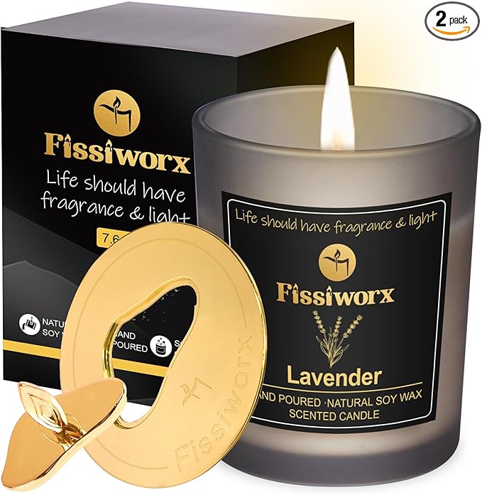 FissiWorx Lavender Scented Candle with Candle Topper – Natural Soy Wax Hand-Poured – Relax and Relieve Stress – 60-Hour Long-Lasting Burn – Premium Aromatherapy Candle for Home Decor, Gifts