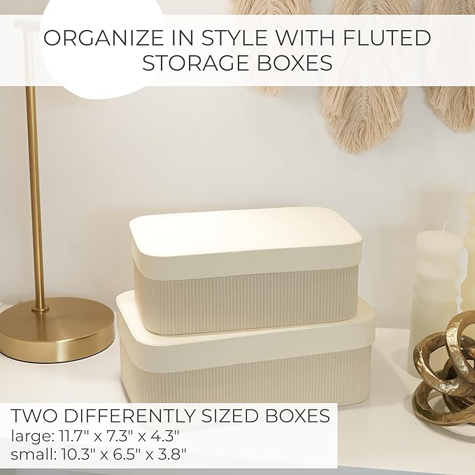 Decorative Storage Boxes with Lids – Set of 2 Beautiful Fluted Cardboard Organizer Bins for Your Home Bookshelf Decor to Safely Store Your Documents, Memory Box Items and Other Keepsakes in Style