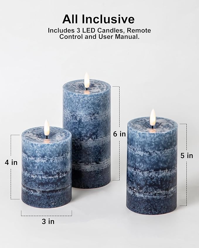 Stmarry Gradient Navy Blue Flameless Candles with Remote and Timer, Real Wax Made LED Pillar Candles Battery Operated with 3D Flickering Flame, 3" x 4",5",6", Navy Blue Decor, Set of 3