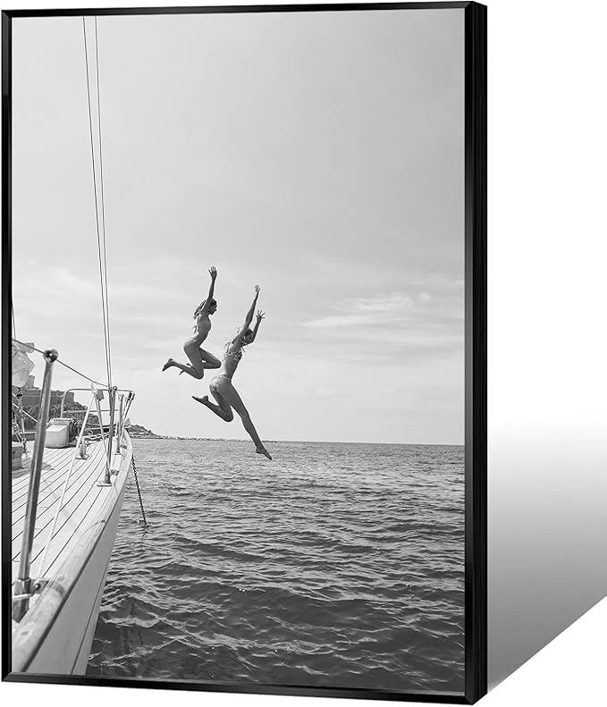 Retro Black And White 80s Trendy Wall Art Black And White Women Jumping Into Water Poster Summer Ocean Jump Sail Boat Yacht Wall Decor For Girl Room Beach Lovers Life 24x36in Unframed
