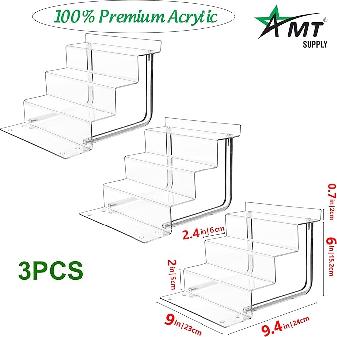 AMT Acrylic Riser Display Stand, 100% Acrylic Clear 4-Tier Organizer for Figures, Cupcake, Perfume, Sunglasses (9 inch x 2.4 inch) 3-pack