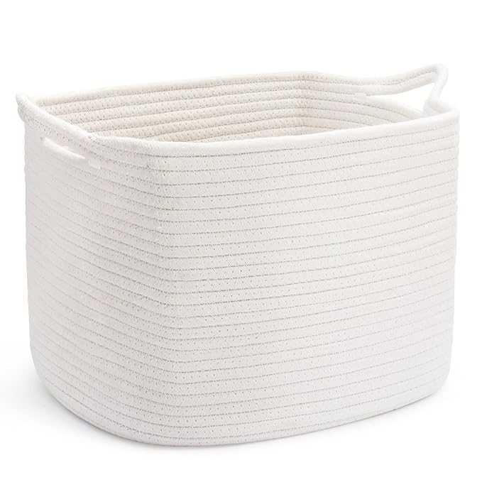 ABenkle Cotton Rope Storage Basket, Decorative Organizer with Handles, Rectangle Baby Nursery Baskets for Shelves Closet, 13.5x11x9.5-Inches, White