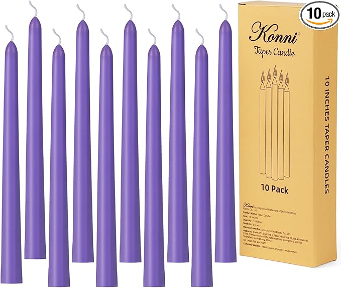 KONNI 0.87×10 Inch Violet Taper Candles, Unscented and Smokeless Tall Candlesticks, 10 Pack Tapered Candles with Cotton Wicks, Long Burning, Ideal for Weddings, Dinner Parties, and Home Décor
