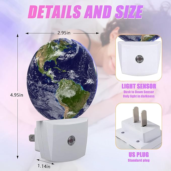 Earth Night Light Blue Planet Night Lights LED Lamp Round Plug into Wall Nightlight with Dusk to Dawn Sensor Home Hallway Stairway Kitchen Decor