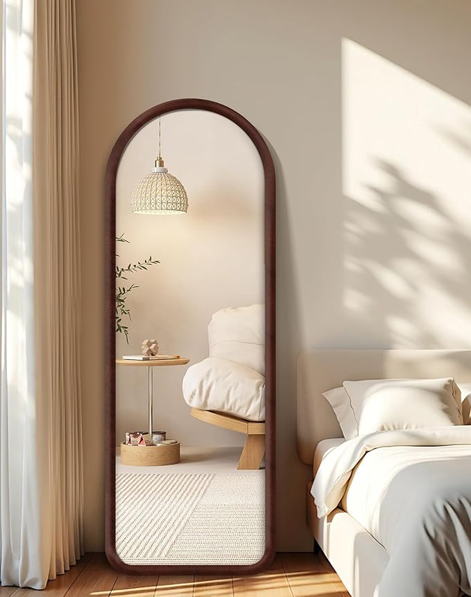 Delma Arched Full Length Mirror, Free Standing Floor Velvet Finish Frame Mirror for Leaning or Hanging, Soft Touch Bedroom & Living Room Decor, Brown
