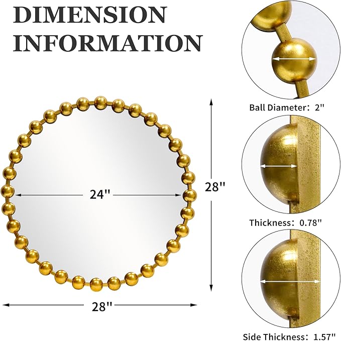 Round Gold Mirror 28'', Spherical Frame Round Mirror for Living Room, Beaded Mirror for Bathroom, Dining Roon, Bed Room, Entryway