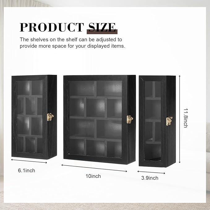 DoubleFill Set of 3 Wooden Trinket Display Shelf Shadow Box with Shelves 10 x 15 Inch Large Wall Mounted Display Storage Mini Figures Curio Trinket Medals Crafts Collections(Black,Box Shape)