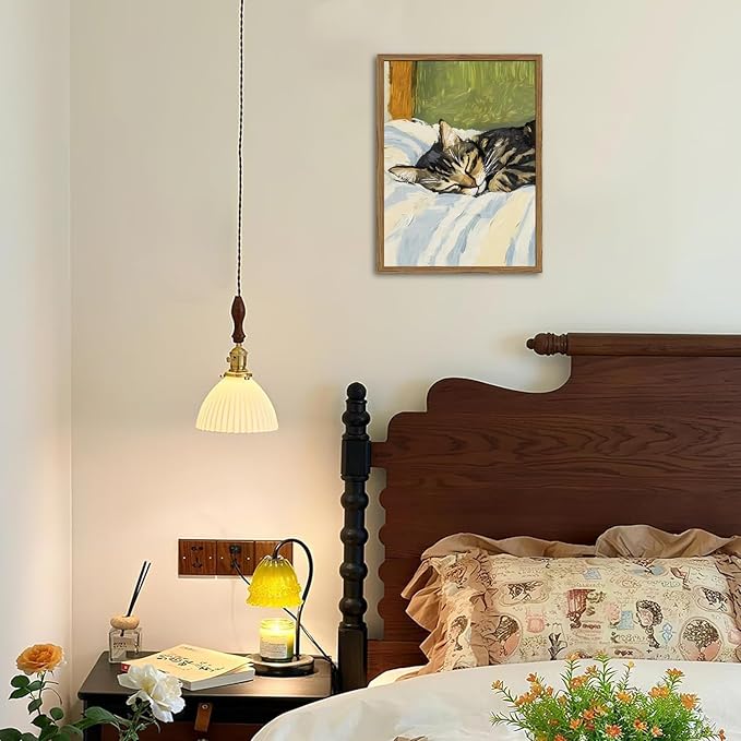 Cute Cat Wall Art, Funny Tabby Cat Sleeping in Bed Wall Decor Painting, Funky Tabby Cats Pet Pictures Vintage Animal Poster Canvas Prints, for Living Room Bedroom 12x16 inch Wood Framed