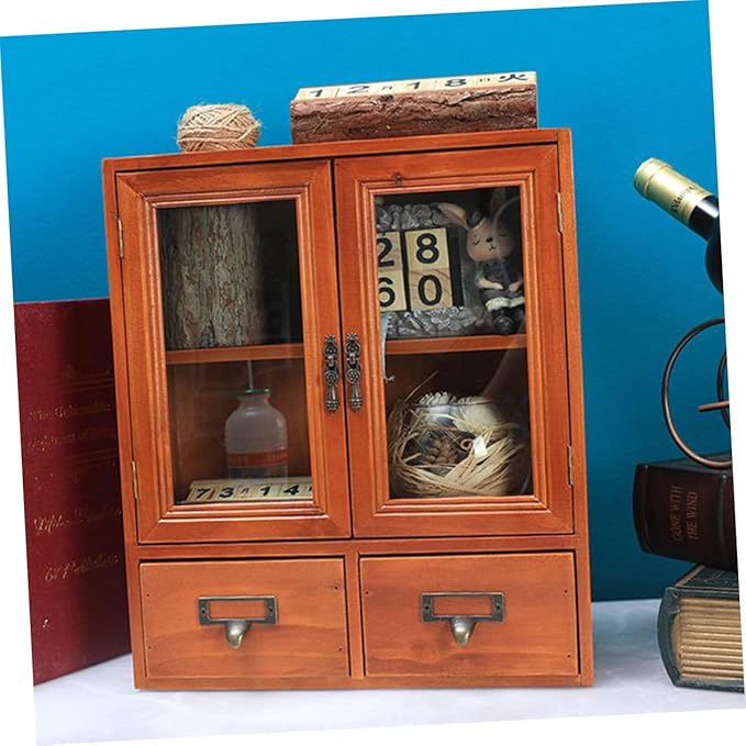 Ipetboom Storage Cabinet for Makeup and Sundries Wooden Dressing Table Organizer with Drawer Design Capacity Sundries Holder for Bedroom and Bathroom Use Retro Style