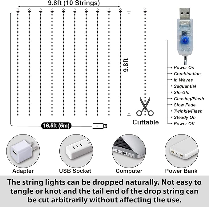 HXWEIYE 300LED Fairy Curtain Lights, 9.8x9.8Ft USB Plug-in 8 Modes Christmas String Hanging Lights with Remote for Bedroom Backdrop Wedding Indoor Wall Decor, Blue, Tangle-Free – 1 Pack