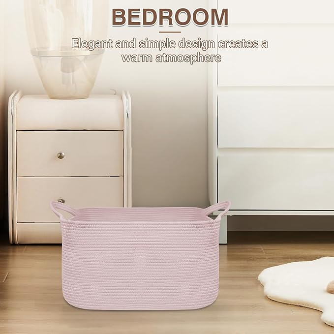YOUDENOVA Nursery Storage Basket，21.6''×14.9''×11.8'' Rectangle Cotton Rope Blanket Basket, Nursery Laundry Hamper for Organizing，Large Toy Basket for Living Room, Bedroom Pink