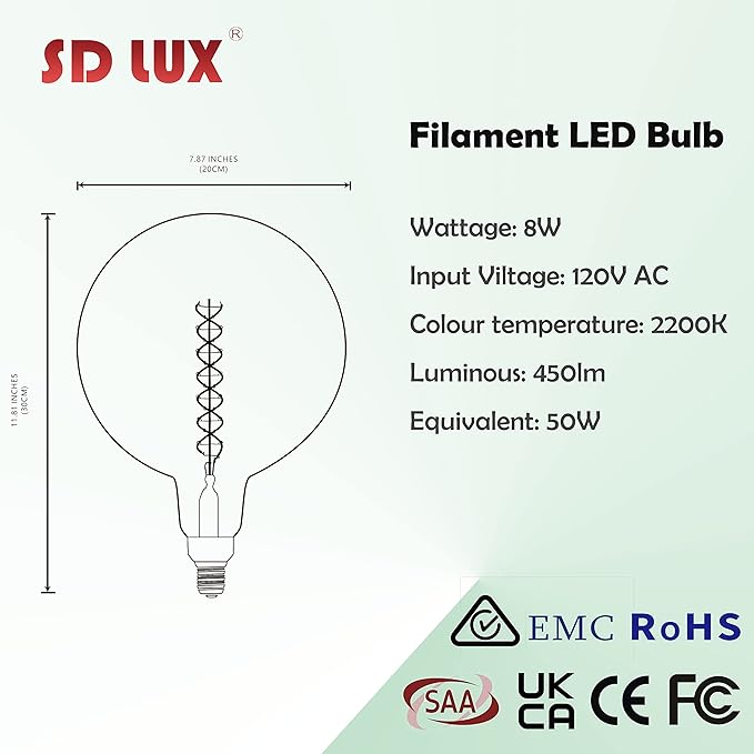 SD LUX Oversized Vintage Giant LED Light Bulb Huge Edison Bulb- Dimmable, 8W 450LM (50W Equi), G63(G200) Warm White 2200K, Medium E26 Base - Perfect for Decorative Pendant Lighting, 1 Pack(G200)