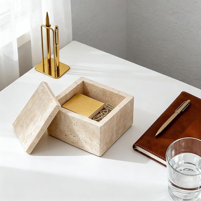 Natural Marble Storage Square Containers Cotton Swab Holder, Organizers with Lids,Travertine Stone Box for Qtips, Makeup, Bathroom Essentials & Home Storage (square box)