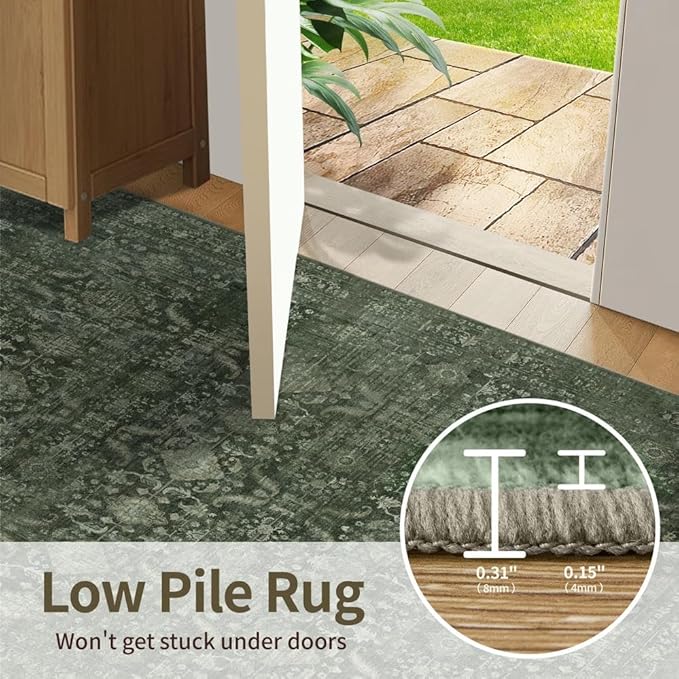 Rugxara 6x9 Area Rugs for Living Room Bedroom, Large Washable Rug, Green Vintage Floral Boho Style, Non Slip & Low Pile Carpet for Indoor Dining Room, Dorm and Kids Room(Green 6x9ft)
