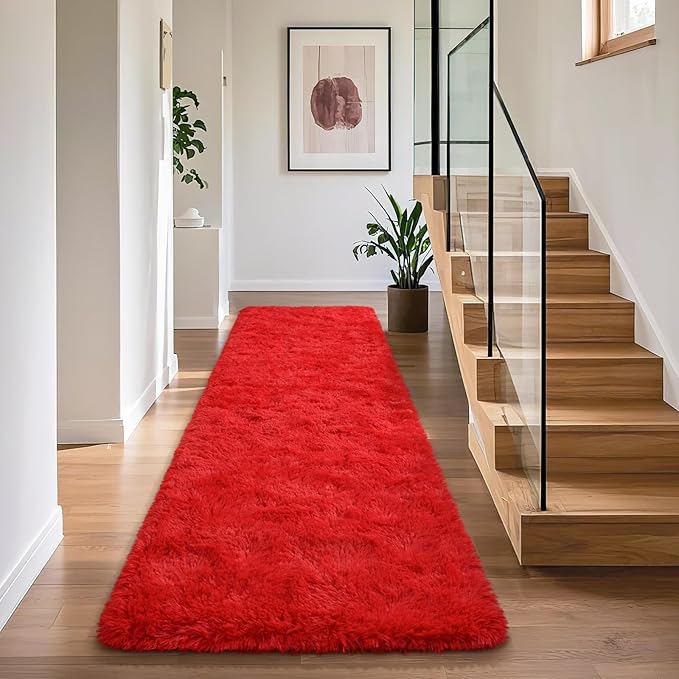 BENRON Soft Runner Rugs for Bedroom 2x8, Washable Long Runners for Hallway Entryway Kitchen Dorm, Fluffy Throw Rug for Kids Girls Room Decor Photo Prop, Red