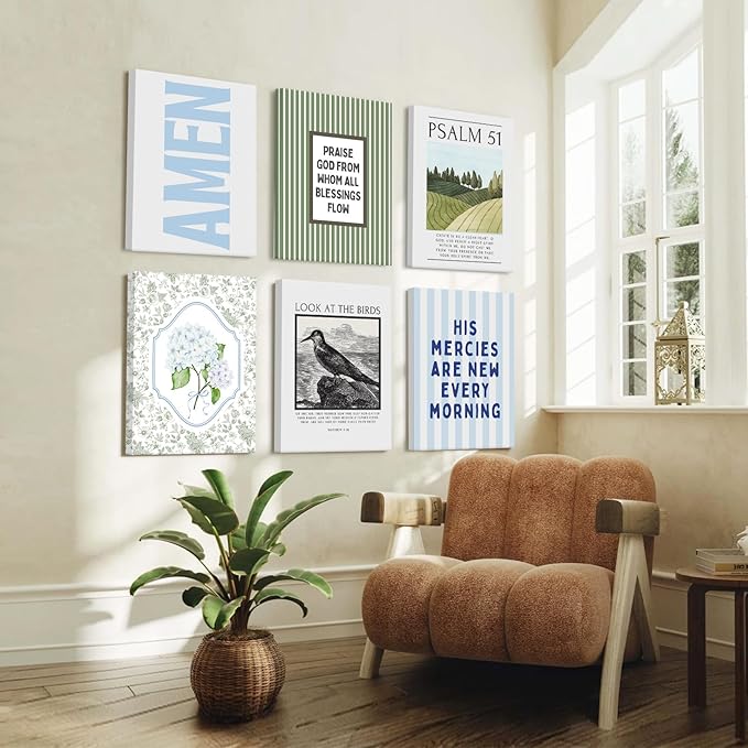 Blue Green Christian Wall Art Decor Bible Verse Canvas Poster Preppy Scripture Pictures Trendy Religious Prints Aesthetic Floral Artwork Painting for Bedroom Living Room 8x10 Inch Ready to Hang 6Pcs