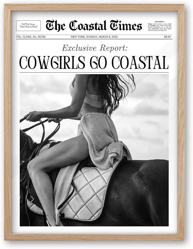 iHery Cowgirls Go Coastal Small Framed NewsPaper Canvas Wall Art,Natural OAK Wood 8x10in Wall Decor For Bedroom, Trendy Western Horseback Riding Times for Dorm Living Room, Home Décor 1Pack