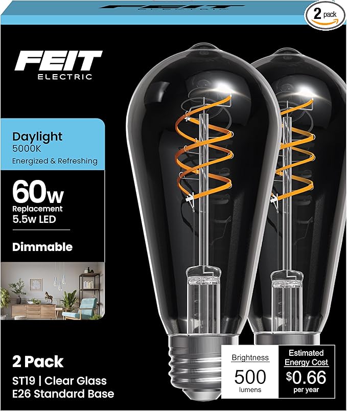 Feit Electric ST19 LED Vintage Light Bulb, 60W Equivalent, 5000K Daylight, Spiral Filament, Dimmable, Decorative Edison Style, Ideal for Fixtures and Home Décor, ST1960S2D/950CAFIL/2, 2 Pack