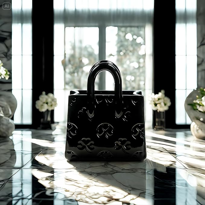 Handbag Shaped Ceramic Vase – Black Small Decorative Vase with Clover Pattern, 5.9"L x 2.95"W x 7.08"H, Multi-Use for Flowers, Makeup Brushes & Pens, Elegant Gift for Women, Gothic & Modern Home Decor