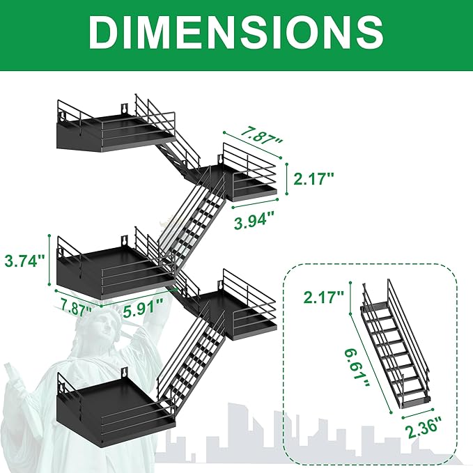 Fire Escape Shelf - 5 Tier Large Metal Black Fire Escape Wall Shelves with Baskets, New York Action Figurine Display Shelf, Unique Rustic Floating Decorative Wall Shelves for Home