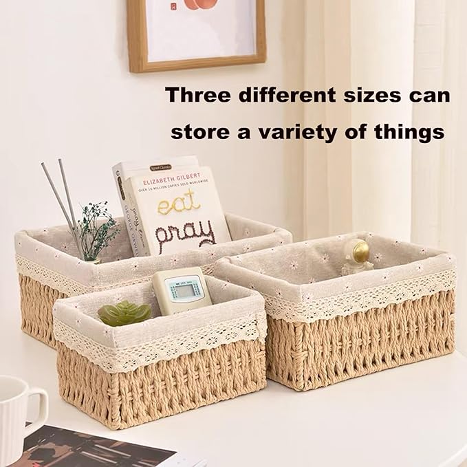 Wicker Baskets with Liner for Counter, Natural Paper Rope Rattan Storage Basket,Hand Woven Pantry Table Organizer Bins for Bedroom Living Room Bathroom School Shelves Office Desk (3 Pack Beige)