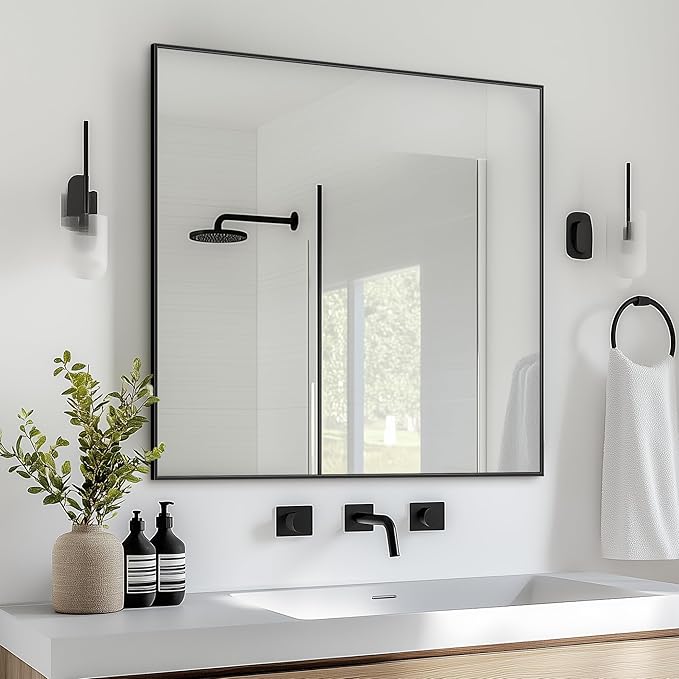 Antok 36x36 Black Metal Framed Bathroom Mirror, Wall Mirror with Rect Corners, Vanity Mirror for Over Sink, Anti-Rust Tempered Glass, Horizontal/Vertical Hanging for Bathroom, Living Room, Entryway
