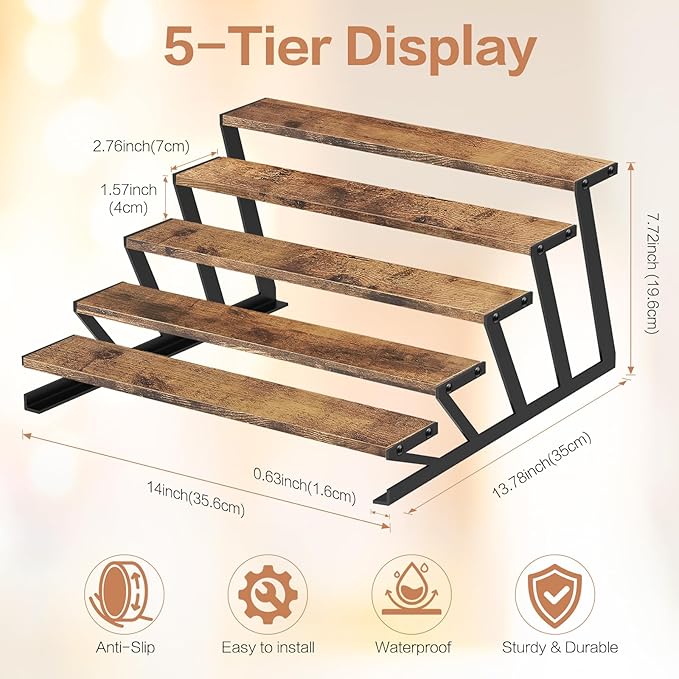 KALYLOC 5 Tier Wooden Display Riser Stand 13.8 Inch Metal Step Perfume Stand Organizer Tabletop Tiered Display Shelf Rack for Cologne Cupcake Spice Figures Cosmetics Candles (Brown, Z-Shape)