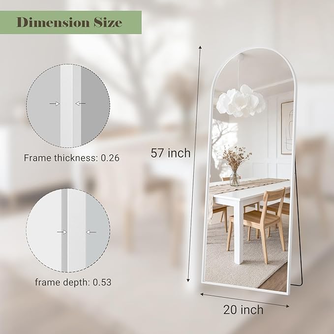 Full Length Mirror - 57" x 20" Arched Floor Mirror/Wall Mounted Aluminum Alloy Frame Full Body Mirrors for Bathroom Living Room Bedroom and Entryway, White