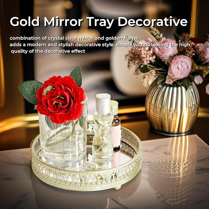 Tray Mirror, Gold Mirror Tray Decorative, Round Dresser Ornate Tray Jewelry Perfume Organizer Makeup Tray Cosmetics Storage Organizer Tray Gold Room Decor for Vanity, Dresser, Bathroom, Bedroom(01)