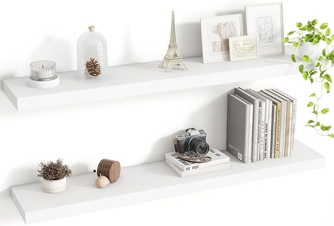 Acovy 40 Inch Floating Shelves, 8 Inch Deep Floating Shelves for Wall, Hanging Shelf with Invisible Brackets, Deep Shelves for Bathroom, Bedroom, Living Room, White, Set of 2