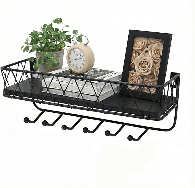 Molaxhome Wall Mounted Storage Shelves,Easy to Mount Wall Wooden Floating Shelf for Bedroom,Farmhouse,Living Room,Bathroom,Kitchen,Office and More DC1A611 (Black, W4.7xL14)