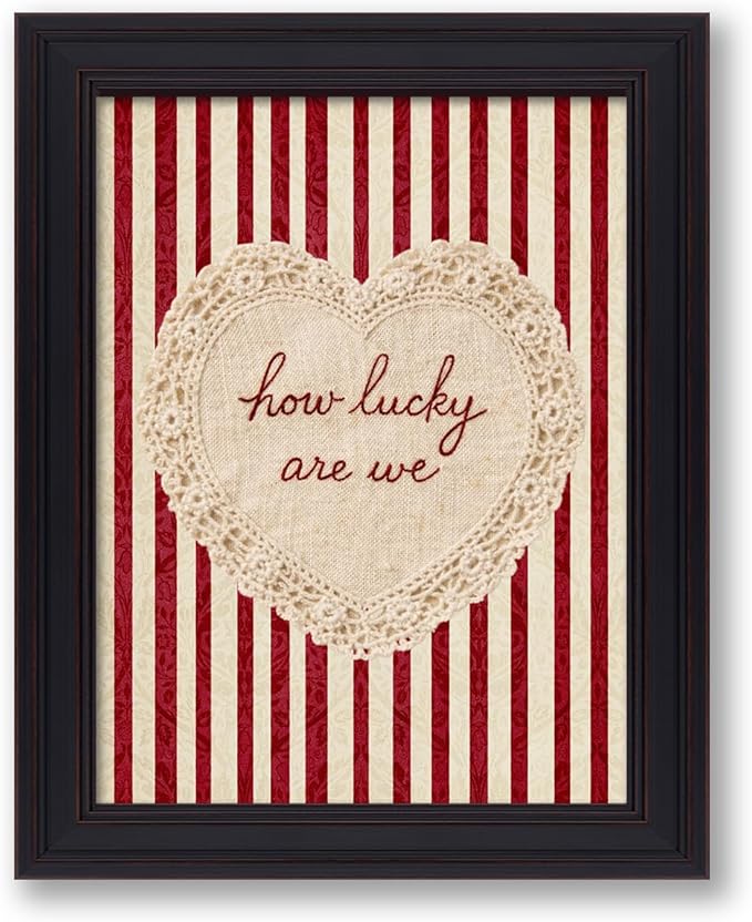 How Lucky Are We Wall Art Red Stripe Affirmation Quotes Poster Coquette Love Lace Heart Canvas Print Fashion Preppy Aesthetic Wall Decor Valentines Day Couple Gift 08x10 inch Vintage Framed