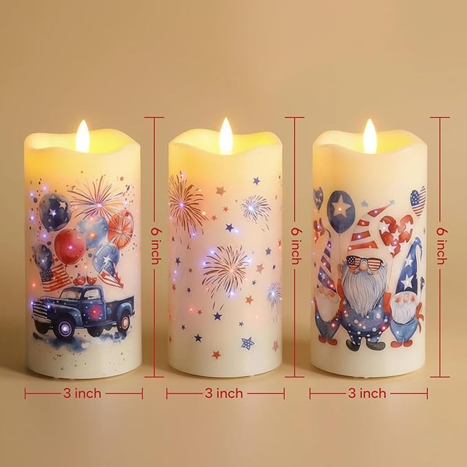 Eywamage Patriotic Fiber Optic Flameless Candles with Remote, Flickering Battery LED Candles Set of 3, 4th of July Independence Day Memorial Day Decor