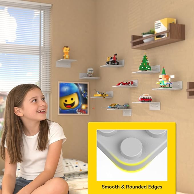 BlissBox 9-Pack Floating Display Shelves for Wall Compatible with Lego Building Bricks, 5 × 5.5 Inch Dual-Sided 16 × 17 Studs for Brick Storage and Display, ABS Display Shelf for Room Decor, Gray