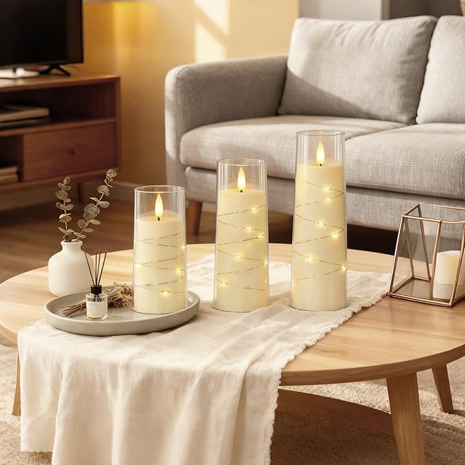 Raycare Flameless Candle with Remote Timer, 7 Flickering Acrylic Battery Operated LED Pillar Candles with Embedded Star String for Valentine's Day, Home Decor, and as a Gift(Ivory)