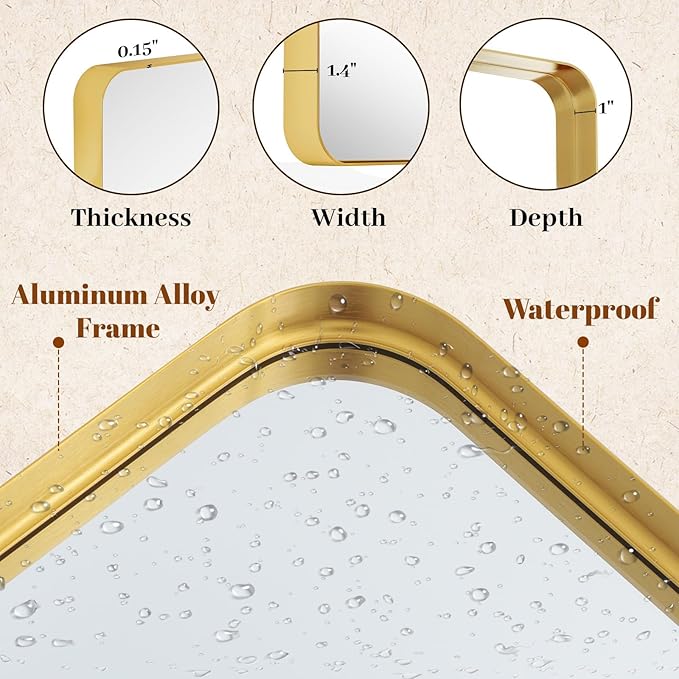 Bathroom Mirrors for Over Sink 30 x 48 Inch Rounded Corner Rectangle Bathroom Vanity Mirror Bathroom Mirror for Wall Hangs Horizontally or Vertically for Living Room Bedroom Entryway Gold