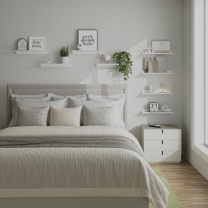 WOPITUES Floating Shelves, Wall Mounted Shelves for Room Decor, Modern Display Shelf for Bedroom, Sturdy Bathroom Storage Shelves, Book Shelves for Living Room, White Small Corner Shelves, Set of 4