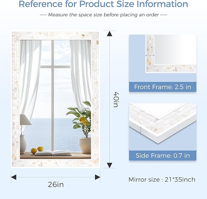 Tanmicoshomy 26 x 40 Inch Rectangle Bathroom Mirror, Natural Shell Framed Rectangular Mirror for Bathroom, Bedroom, Living Room or Entryway, Wall Mounted Horizontal or Vertical
